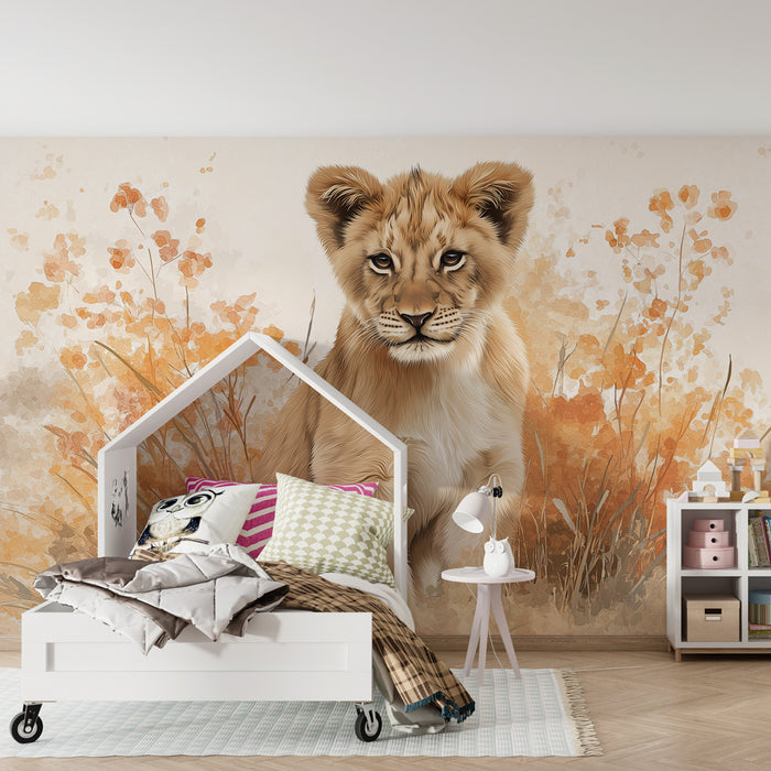 Kids room wallpaper | Lion cub and autumn foliage