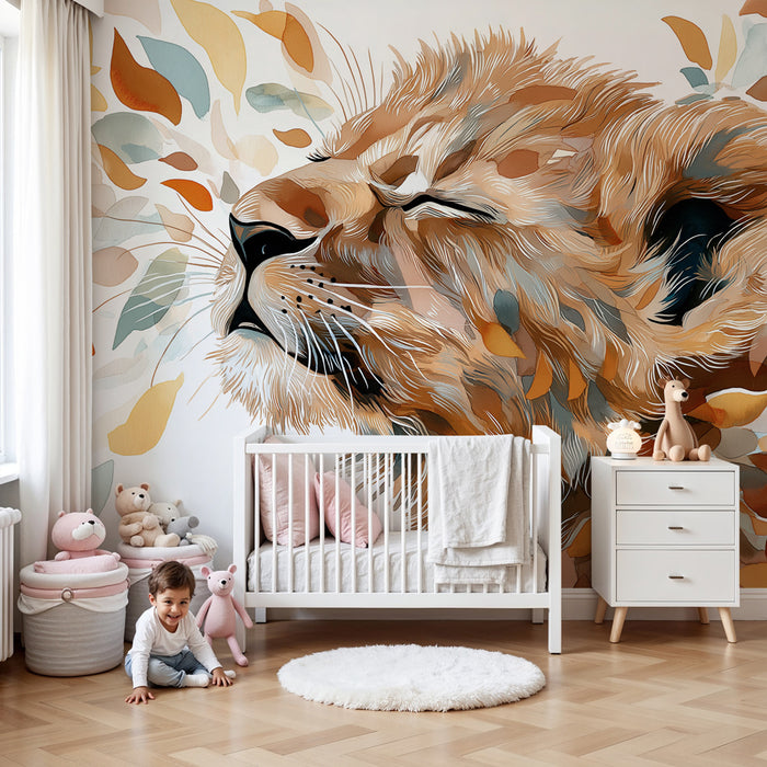 Papier peint chambre enfant | Lionceau et feuillage doux