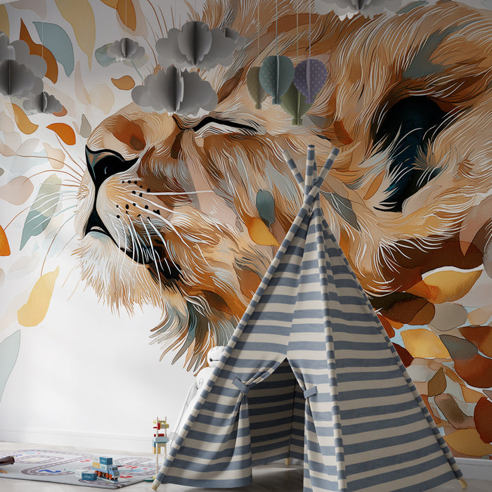 Papier peint chambre enfant | Lionceau et feuillage doux