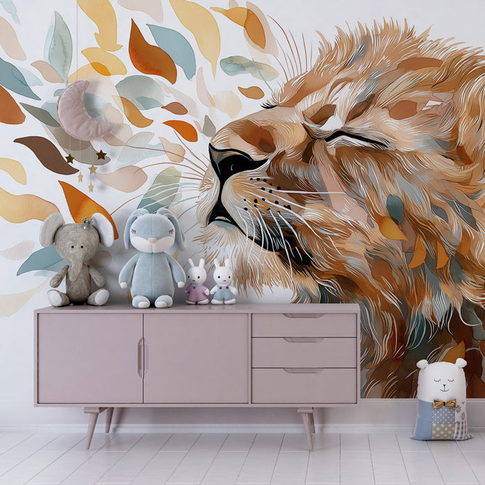 Papier peint chambre enfant | Lionceau et feuillage doux