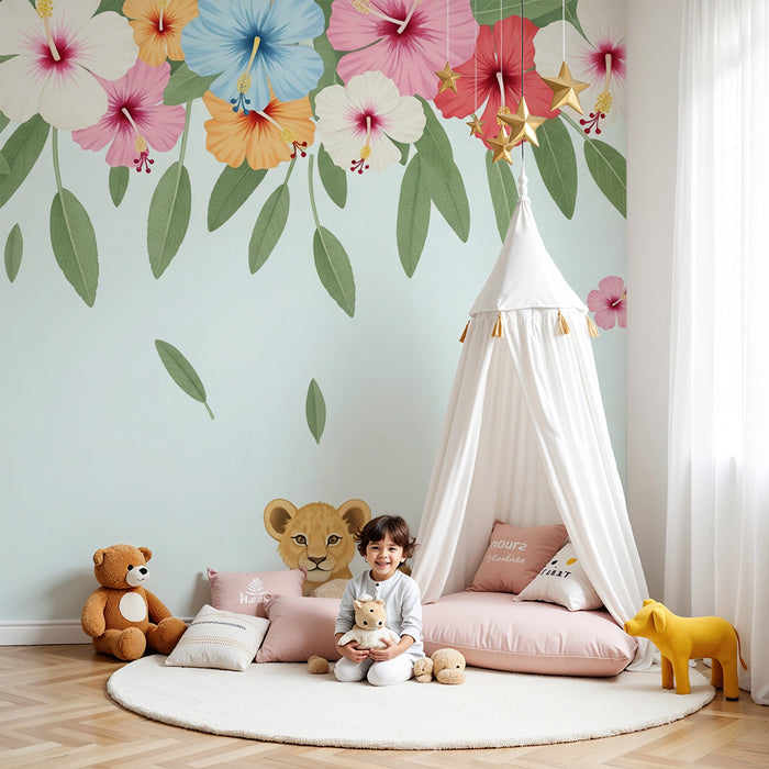 Carta da parati bambini | Leoncino e fiori tropicali