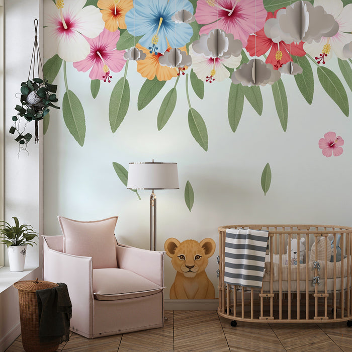 Carta da parati bambini | Leoncino e fiori tropicali