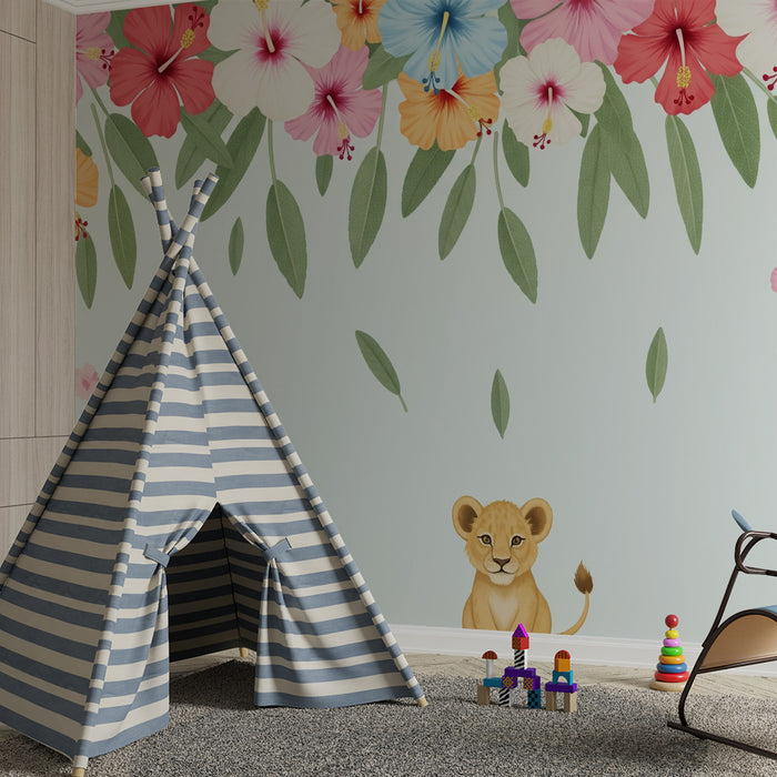 Carta da parati bambini | Leoncino e fiori tropicali