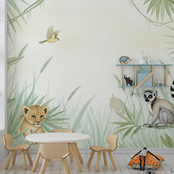 Papel de parede criança | Leãozinho e lémure numa selva tropical