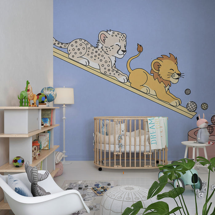 Papel de parede criança | Pui de leu și leopard jucându-se pe un tobogan colorat