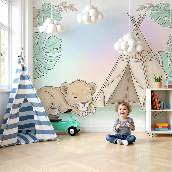 Kinderzimmer Tapete | Löwenbaby und Tipi in einem sanften Dschungel