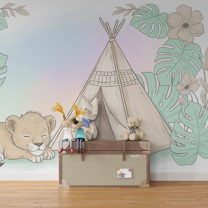 Kinderzimmer Tapete | Löwenbaby und Tipi in einem sanften Dschungel