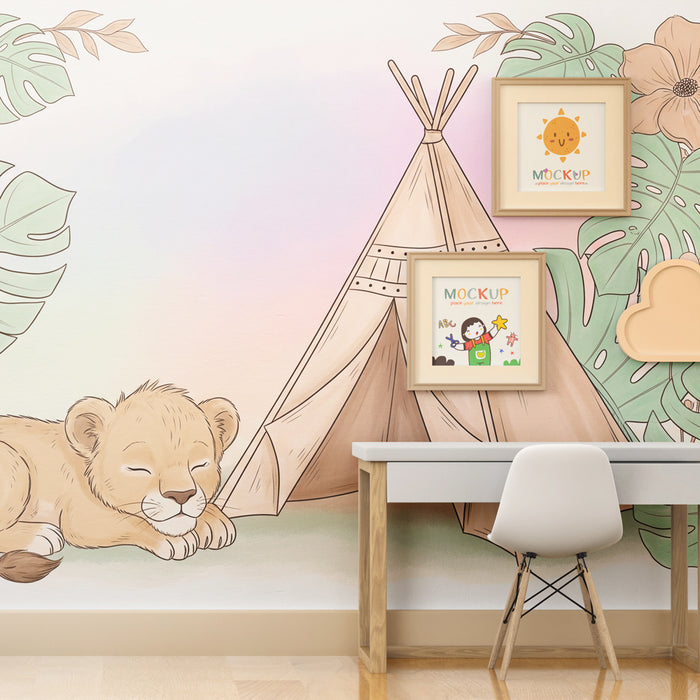 Kinderzimmer Tapete | Löwenbaby und Tipi in einem sanften Dschungel