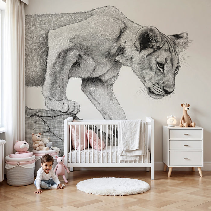 Kids room wallpaper | Lion cub explorer on a rock