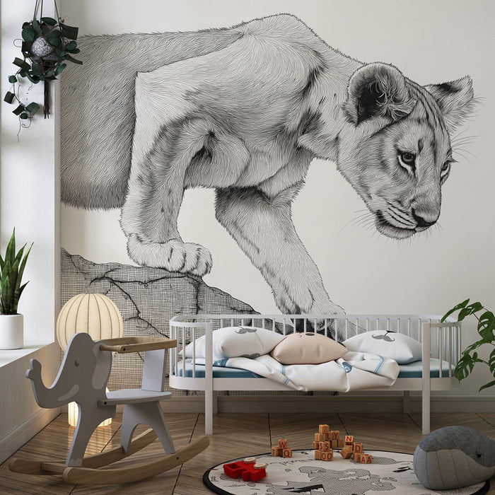 Kids room wallpaper | Lion cub explorer on a rock