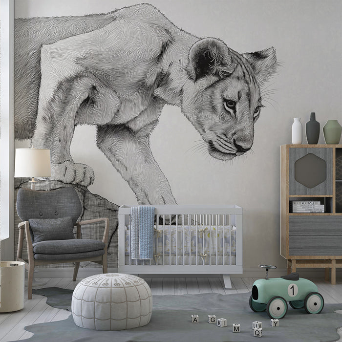 Kids room wallpaper | Lion cub explorer on a rock