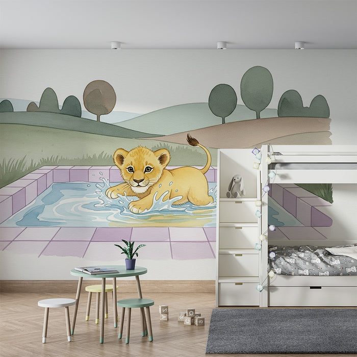 Gyermekszoba tapéta | Játékos oroszlán a vízben