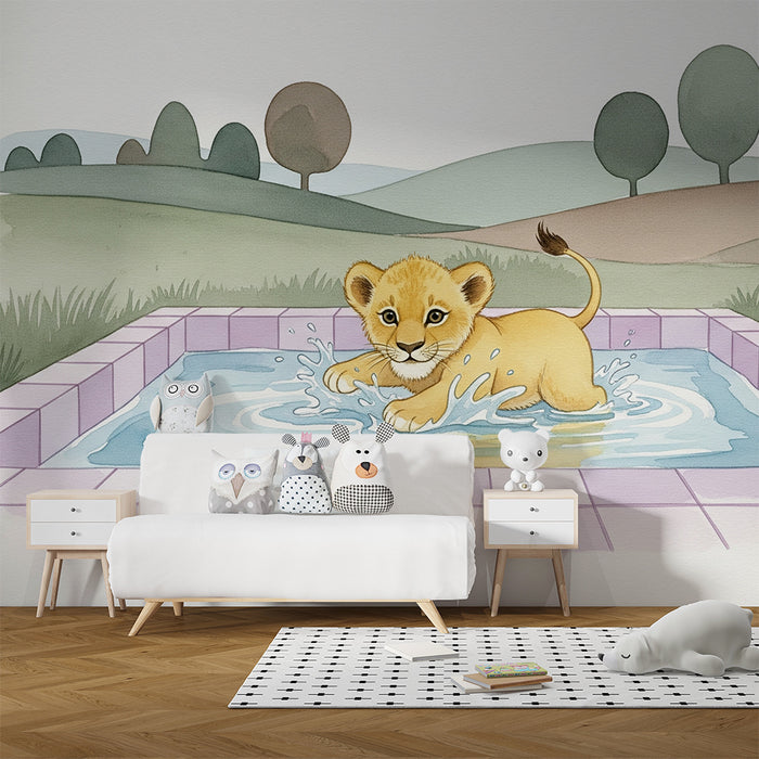 Gyermekszoba tapéta | Játékos oroszlán a vízben
