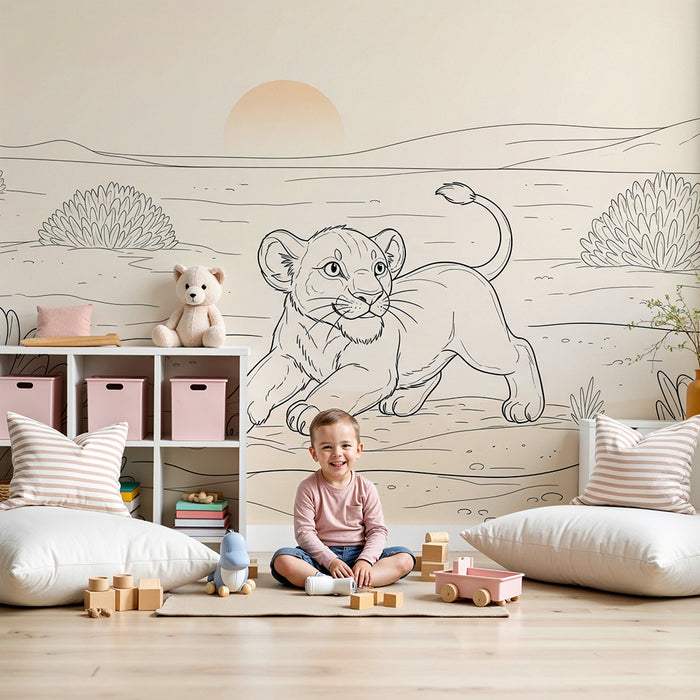Papier peint chambre enfant | Lionceau joueur dans un paysage désertique