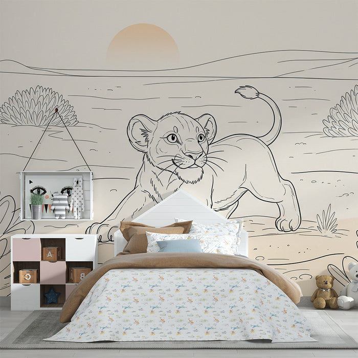 Papier peint chambre enfant | Lionceau joueur dans un paysage désertique