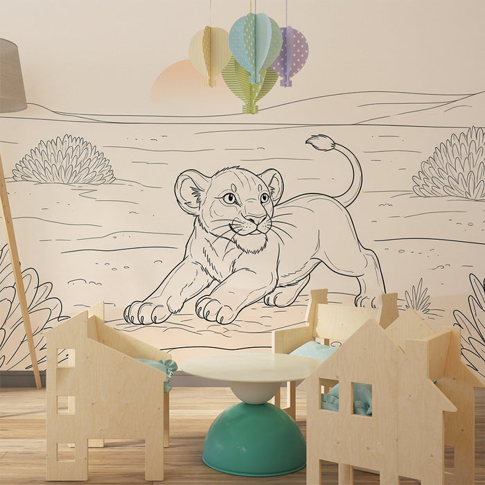 Papier peint chambre enfant | Lionceau joueur dans un paysage désertique
