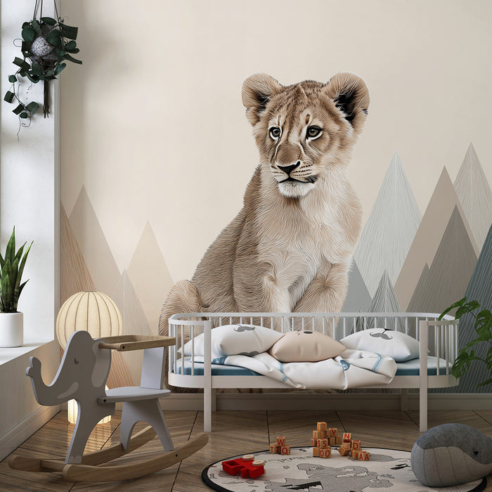 Barntapet | Majestätisk lejonunge mitt i stiliserade berg