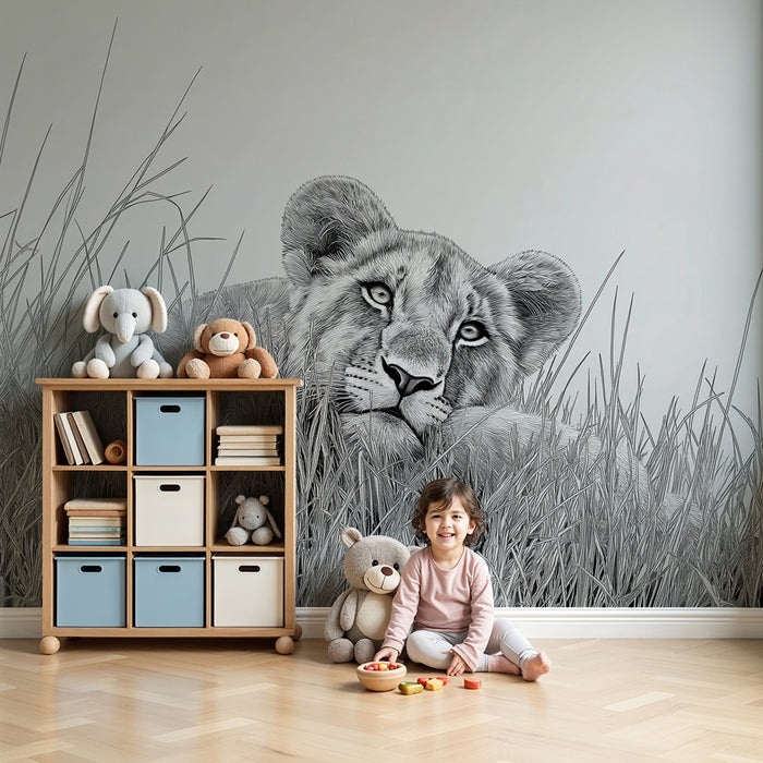 Papel pintado infantil | Cachorro de león tranquilo en la hierba