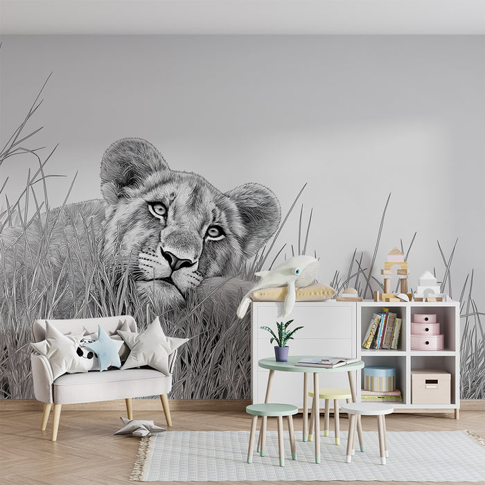 Papel pintado infantil | Cachorro de león tranquilo en la hierba