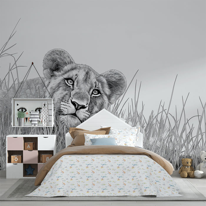 Papel pintado infantil | Cachorro de león tranquilo en la hierba