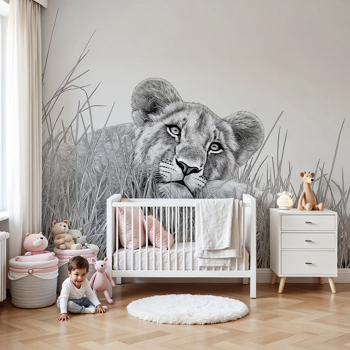 Tapet barnerom | Fredelig løveunge i gresset