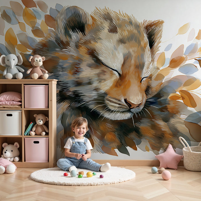 Papier peint chambre enfant | Lionceau paisible et feuillage coloré