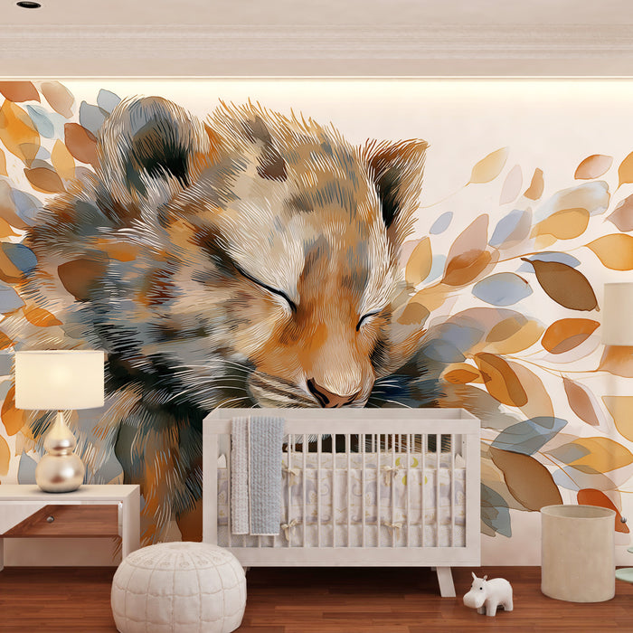Papier peint chambre enfant | Lionceau paisible et feuillage coloré