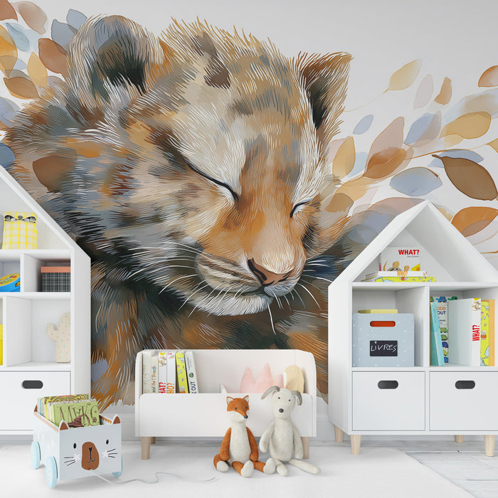 Papier peint chambre enfant | Lionceau paisible et feuillage coloré