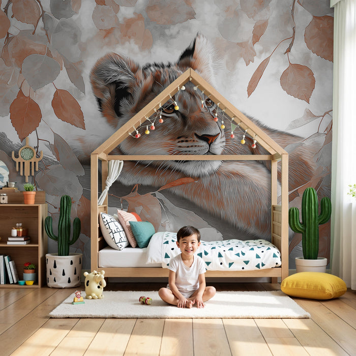 Papier peint chambre enfant | Lionceau paisible sous les feuilles