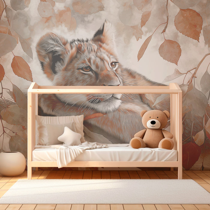 Papier peint chambre enfant | Lionceau paisible sous les feuilles