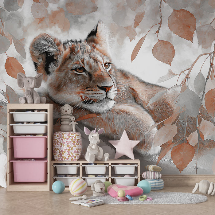 Papier peint chambre enfant | Lionceau paisible sous les feuilles