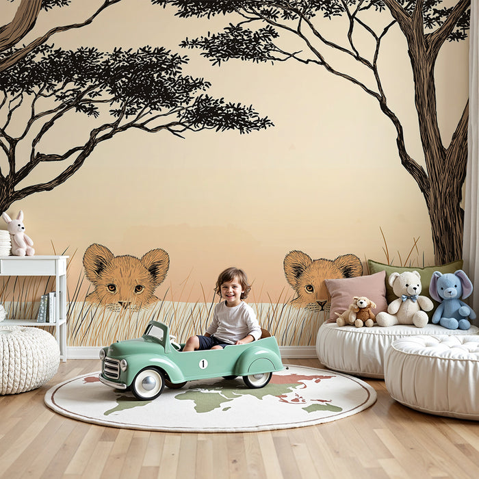 Papier peint chambre enfant | Lionceaux curieux dans la savane