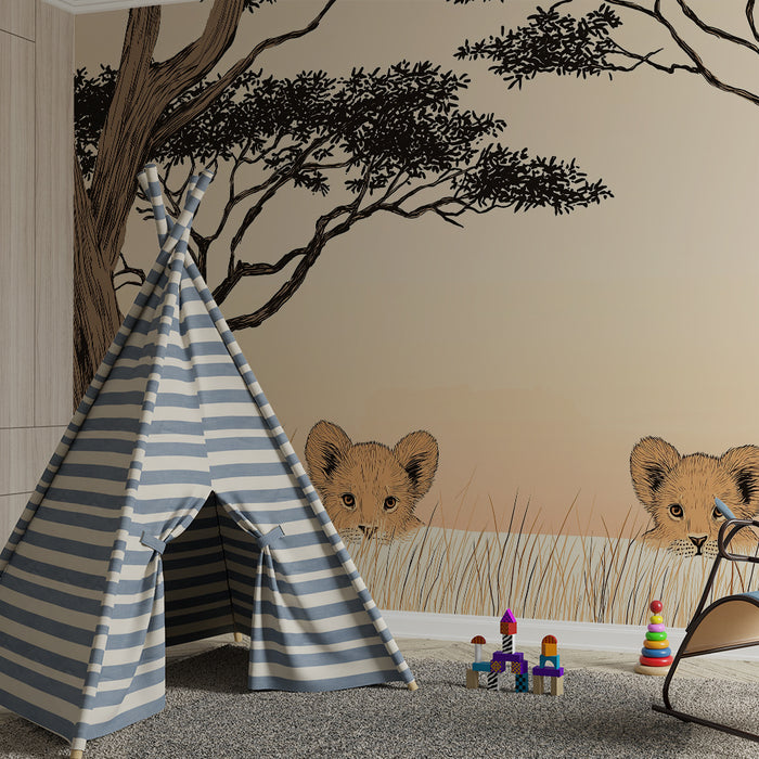 Papier peint chambre enfant | Lionceaux curieux dans la savane