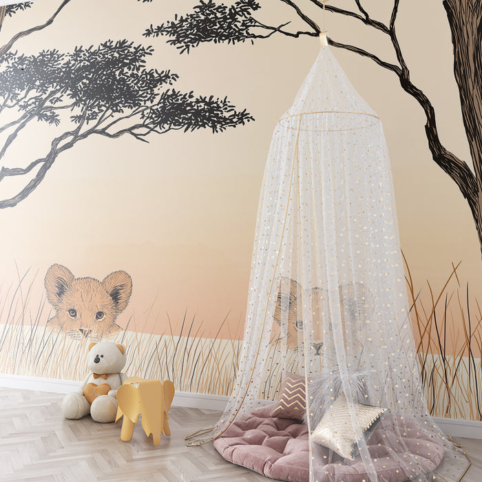 Papier peint chambre enfant | Lionceaux curieux dans la savane