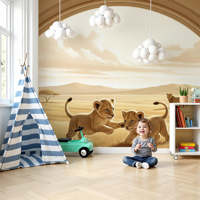 Papier peint chambre enfant | Lionceaux jouant dans la savane dorée