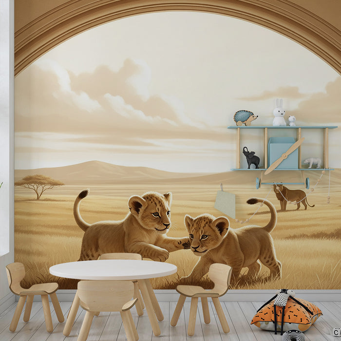 Papier peint chambre enfant | Lionceaux jouant dans la savane dorée
