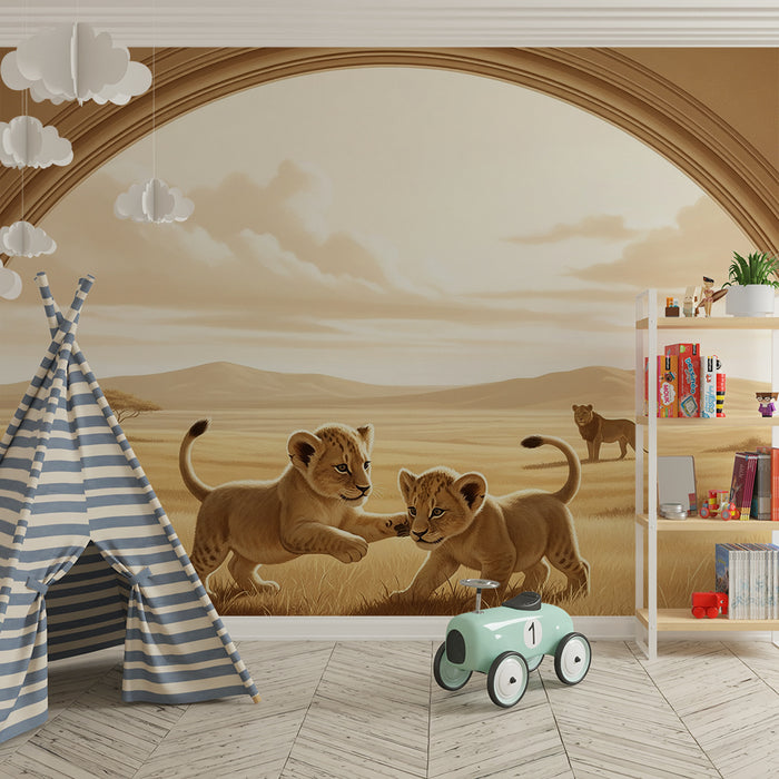 Papier peint chambre enfant | Lionceaux jouant dans la savane dorée
