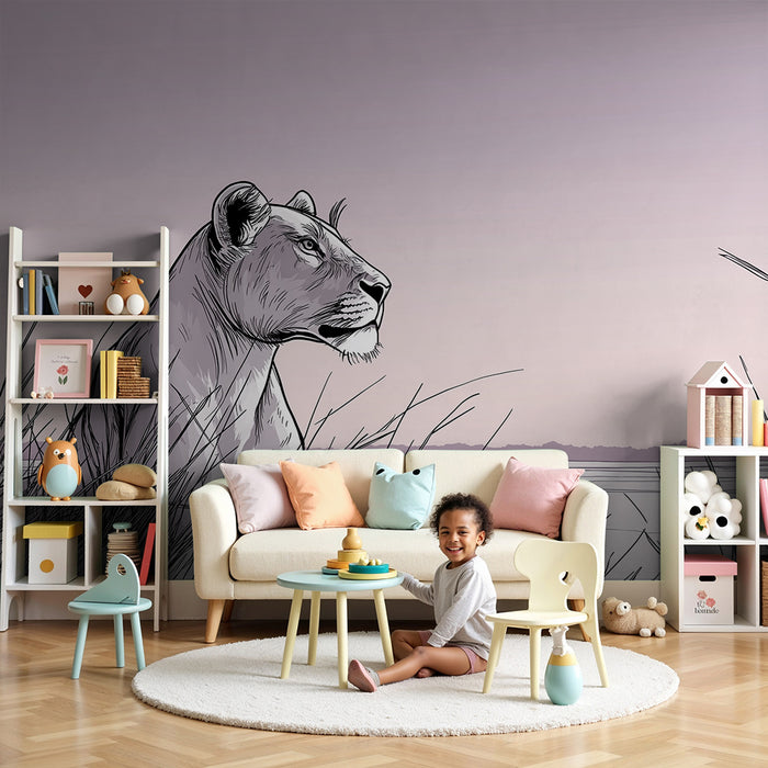 Kinderkamer behang | Majestueuze leeuwin in de savanne