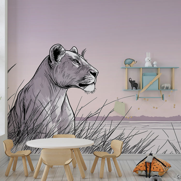 Kinderkamer behang | Majestueuze leeuwin in de savanne