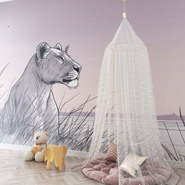 Kinderkamer behang | Majestueuze leeuwin in de savanne