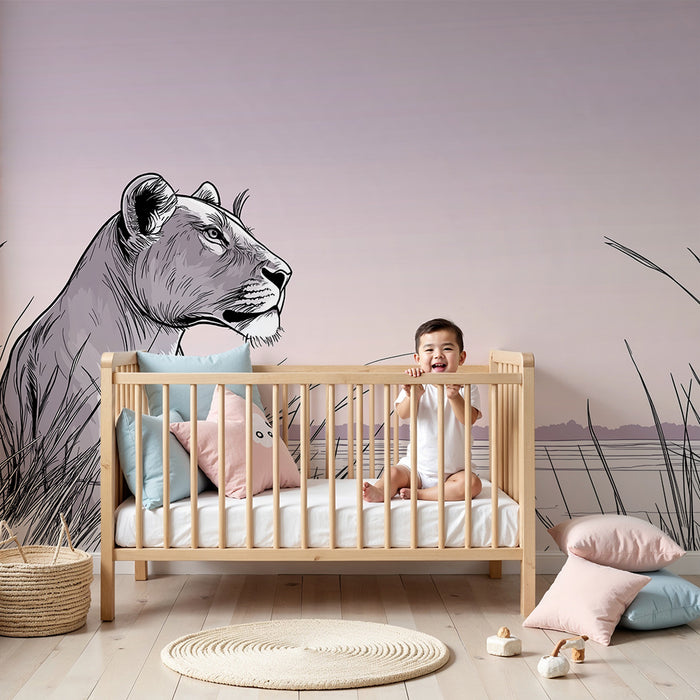Papier peint chambre enfant | Lionne majestueuse dans la savane au coucher du soleil