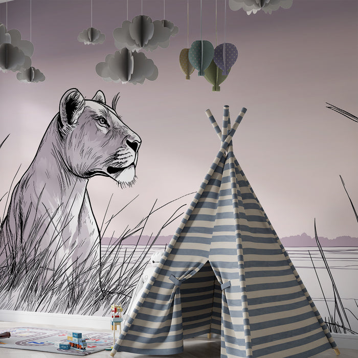 Papier peint chambre enfant | Lionne majestueuse dans la savane au coucher du soleil
