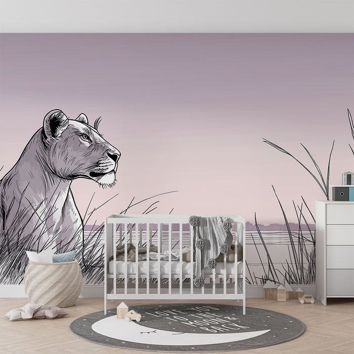 Papier peint chambre enfant | Lionne majestueuse dans la savane au coucher du soleil