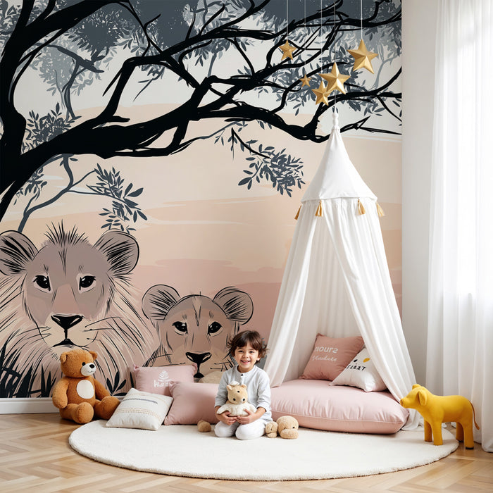 Papier peint chambre enfant | Lions curieux sous les arbres