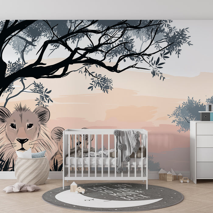 Papier peint chambre enfant | Lions curieux sous les arbres