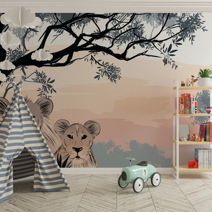 Papier peint chambre enfant | Lions curieux sous les arbres