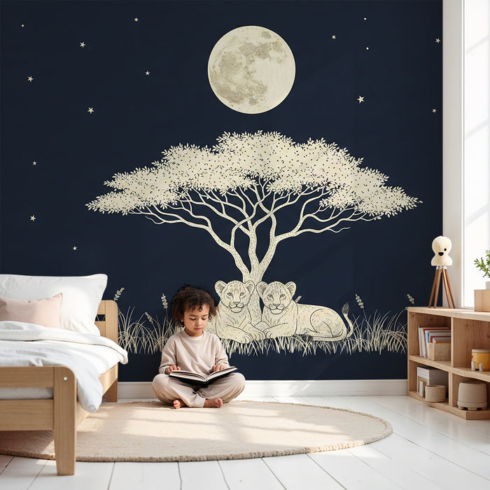 Papel de parede para quarto infantil | Leões a dormir sob um céu estrelado