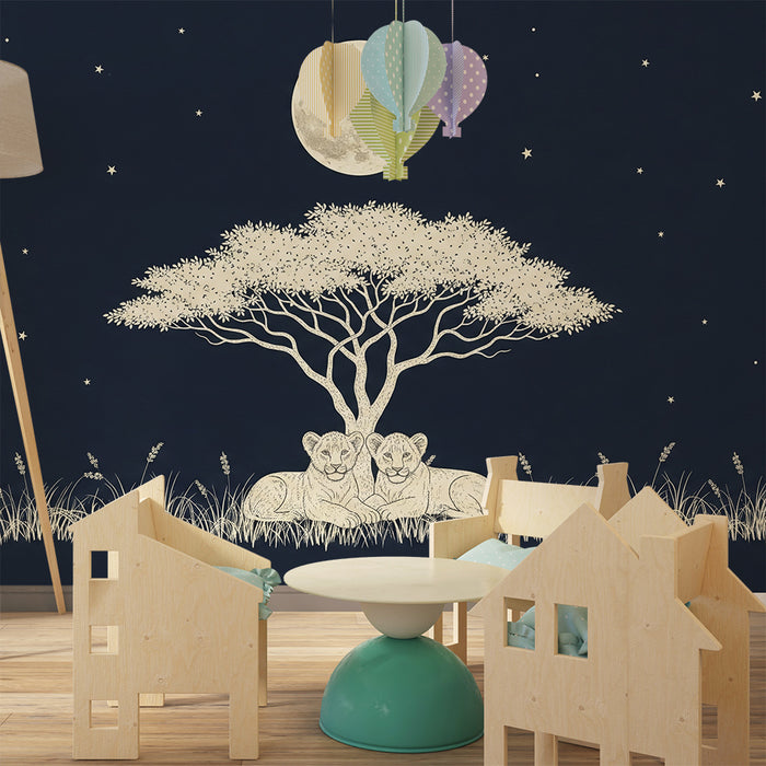 Papel de parede para quarto infantil | Leões a dormir sob um céu estrelado