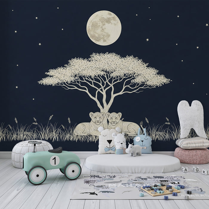 Papel de parede para quarto infantil | Leões a dormir sob um céu estrelado