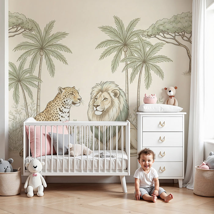 Behang kinderkamer | Leeuwen en luipaarden in een rustgevende jungle